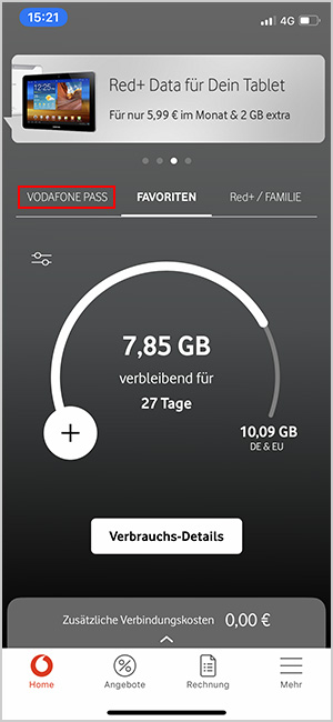Vodafone Pass tauschen in der MeinVodafone-App Start